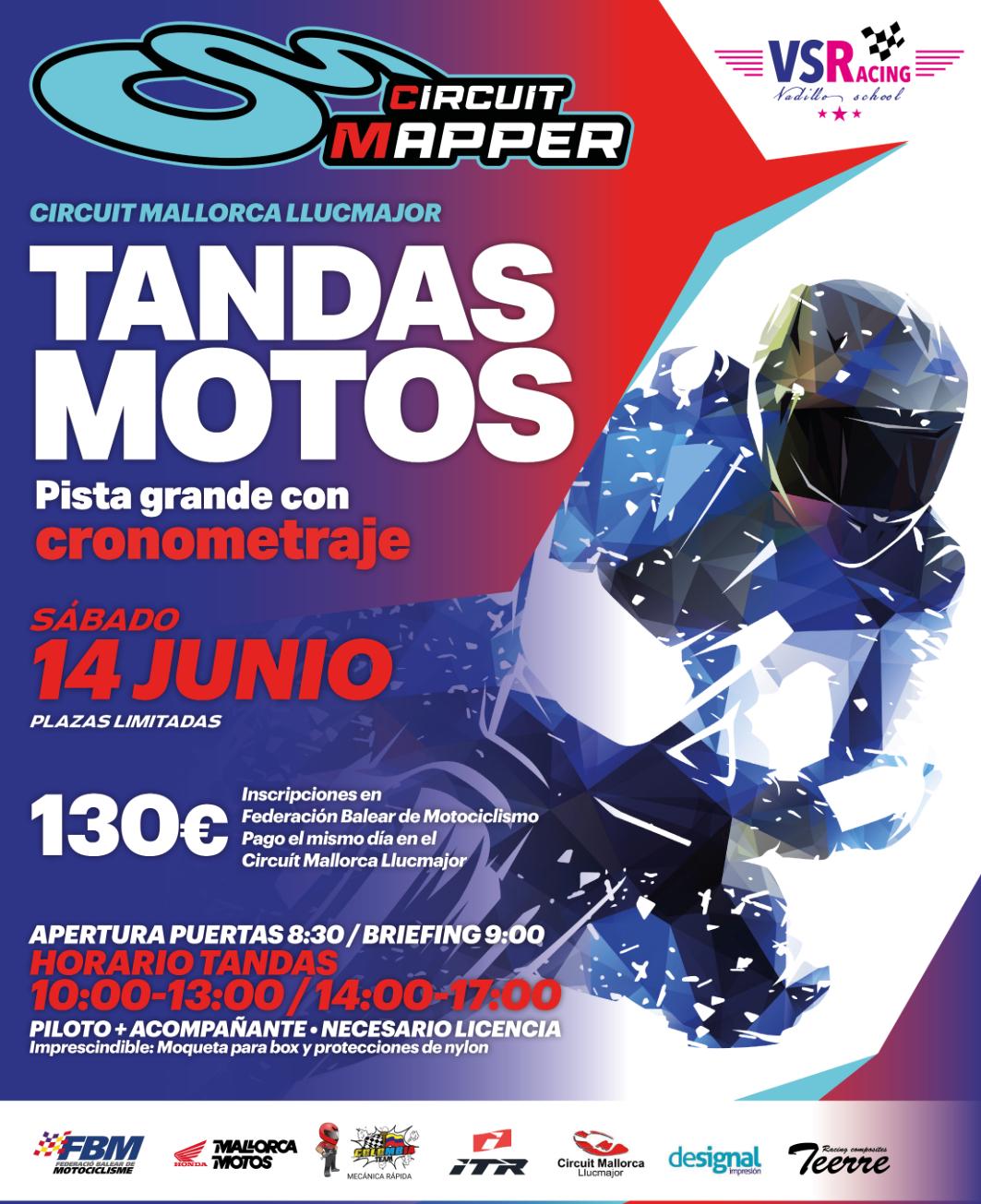 Cartel oficial del evento de tandas con cronometraje para pilotos con licencia en el Circuit Mallorca Llucmajor, organizado por la FBM y VS Racing. La fecha ha sido adelantada del 28 al 14 de junio.