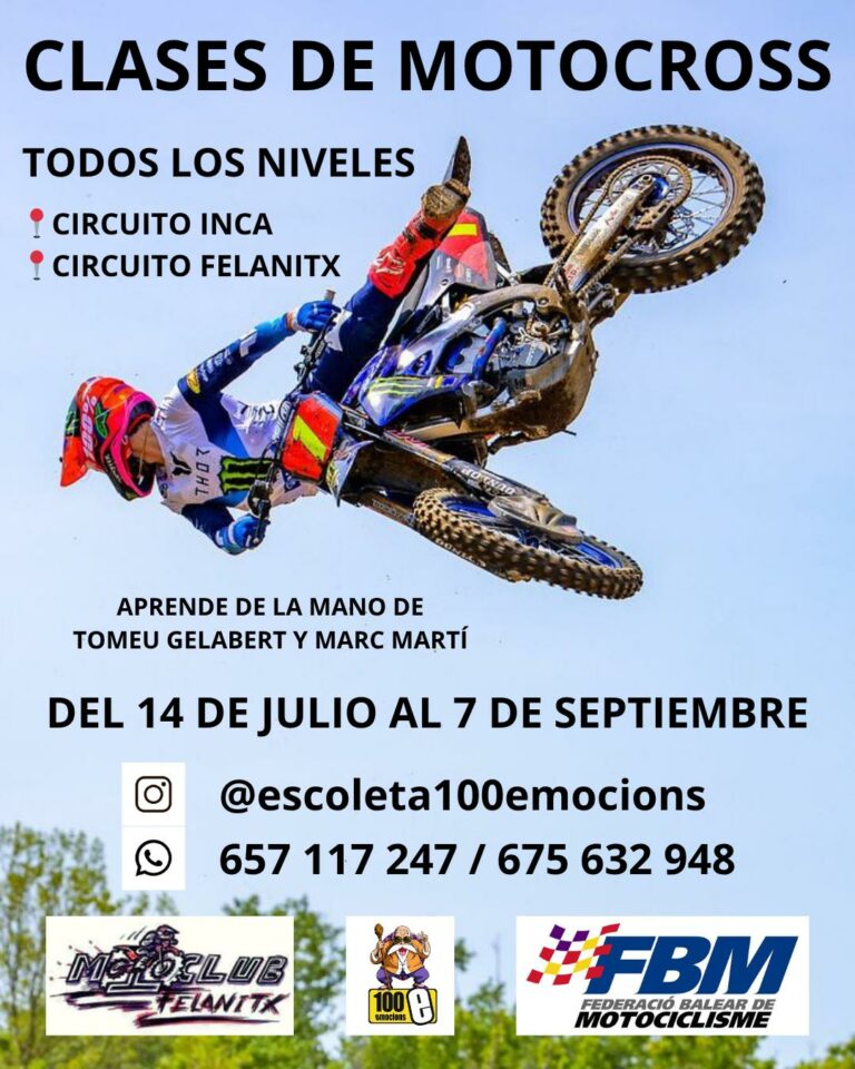 Cartel promocional de las clases de motocross verano 2025 en Inca y Felanitx, organizadas por la FBM, Moto Club Felanitx y la Escoleta 100 Emocions