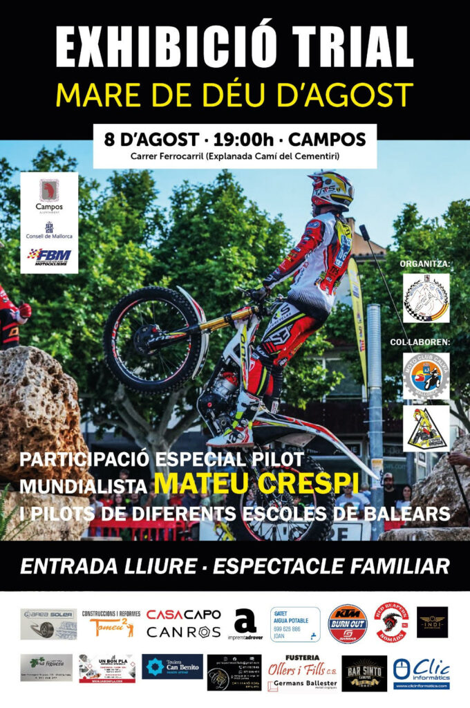 Cartel oficial de la exhibición de trial en Campos con participación de Mateu Crespí – 8 de agosto de 2024