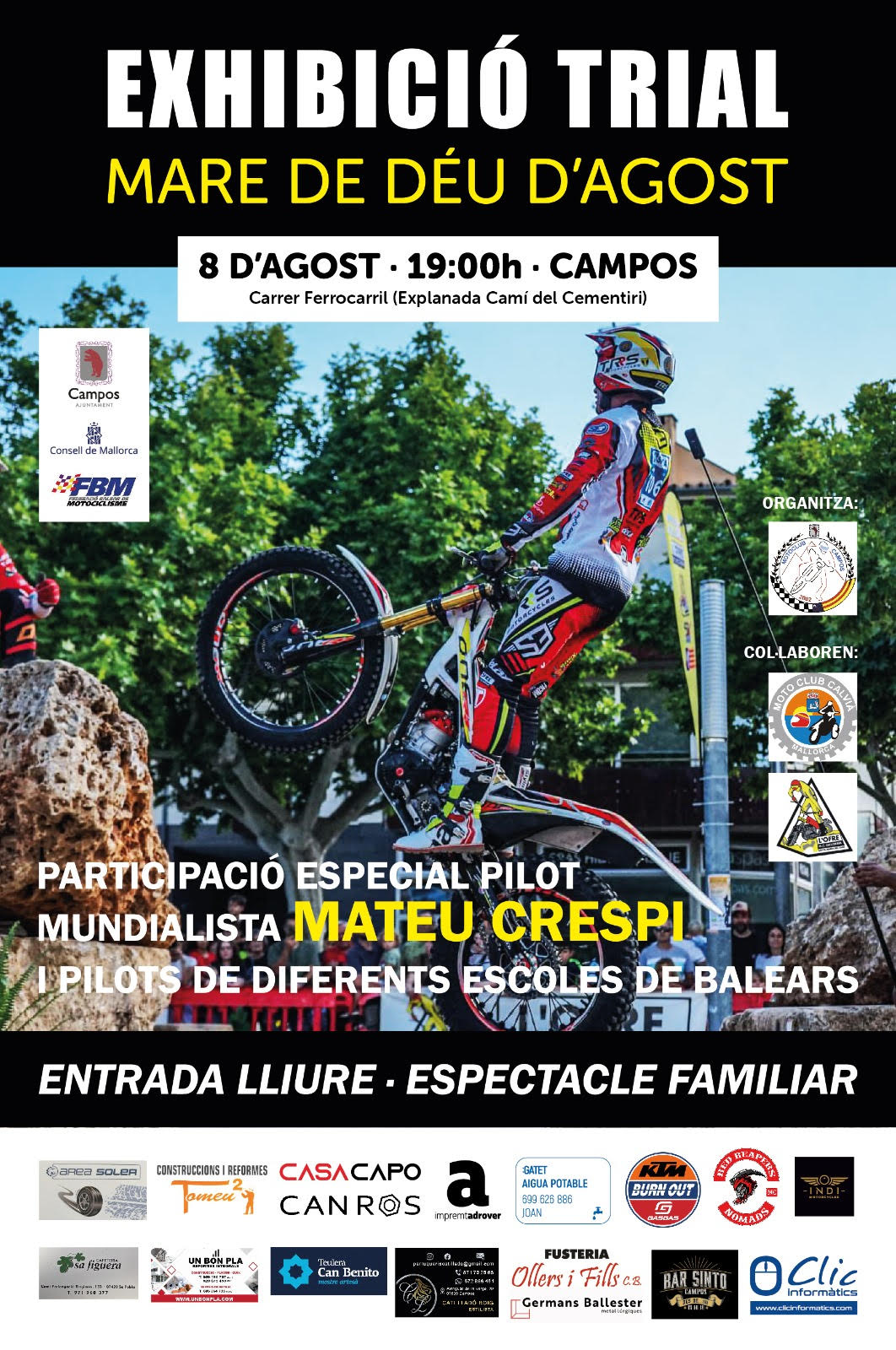 Cartel oficial de la exhibición de trial en Campos con participación de Mateu Crespí – 8 de agosto de 2024