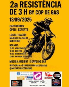 Cartel oficial de la 2ª Resistencia de 3 H by Cop de Gas, con fondo amarillo y la imagen de un piloto de enduro en acción. Incluye fecha (13 de septiembre de 2025), ubicación (Maria de la Salut), horario del evento, categorías Open y Experts, redes sociales y logos de entidades colaboradoras.