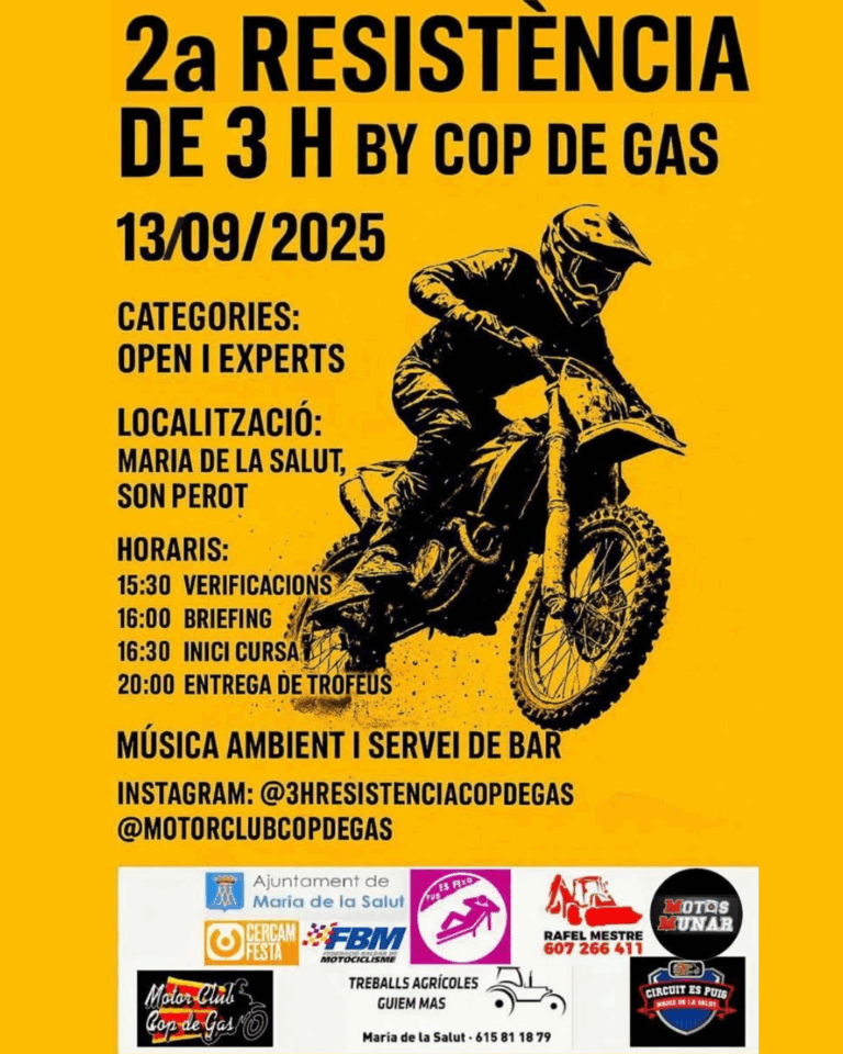 Cartel oficial de la 2ª Resistencia de 3 H by Cop de Gas, con fondo amarillo y la imagen de un piloto de enduro en acción. Incluye fecha (13 de septiembre de 2025), ubicación (Maria de la Salut), horario del evento, categorías Open y Experts, redes sociales y logos de entidades colaboradoras.