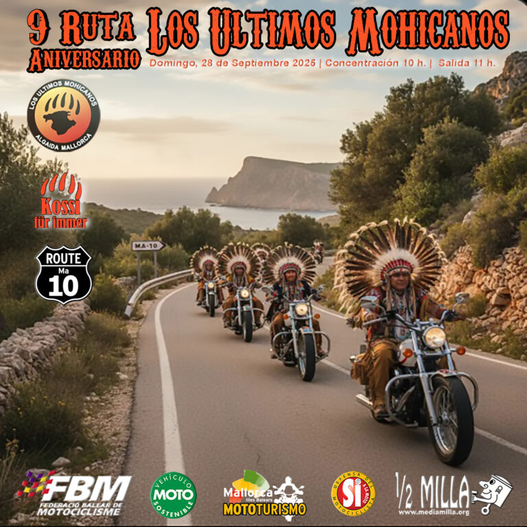 Cartel oficial de la 9.ª Ruta Aniversario Los Últimos Mohicanos, con fecha, horarios y recorrido circular por el sur de Mallorca.