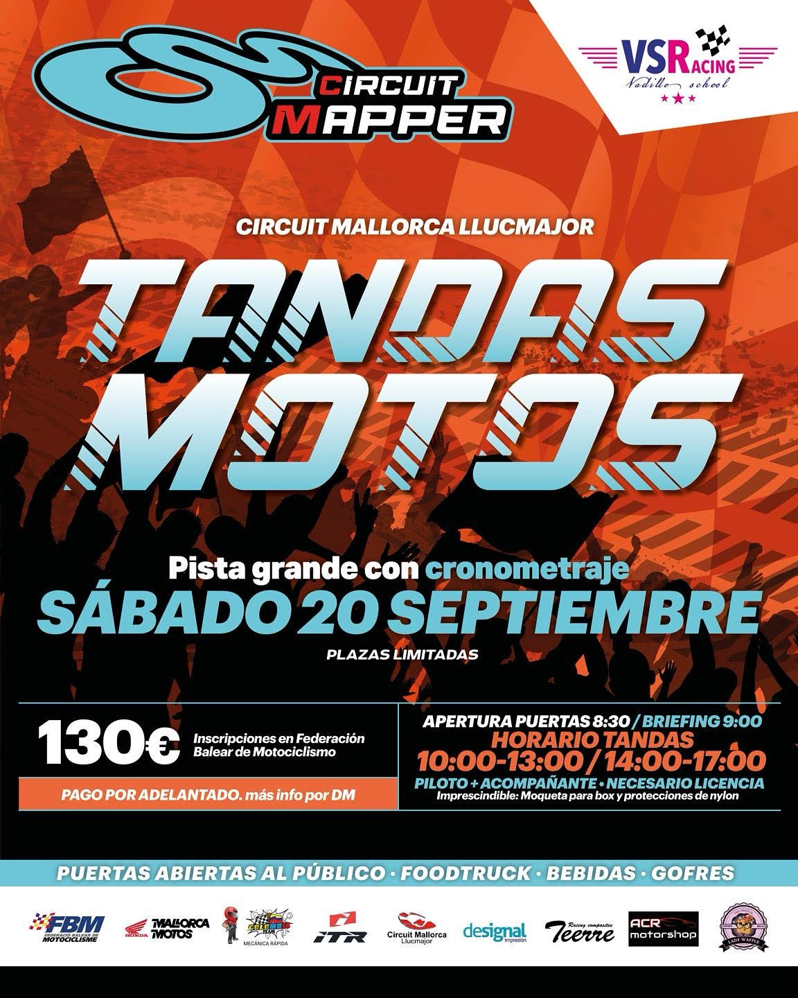 Cartel oficial tandas cronometradas septiembre 2025 en el Circuit Mallorca Llucmajor organizado por VSR Racing y la Federació Balear de Motociclisme