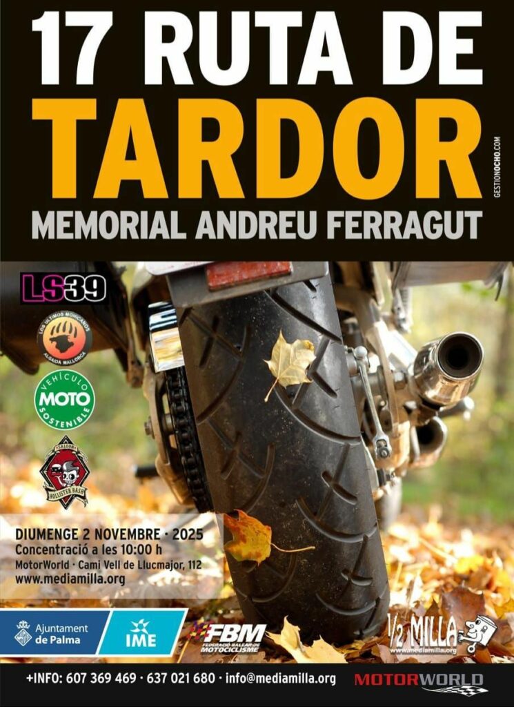 Cartel de la 17ª Ruta de Tardor recorriendo en moto las carreteras de Mallorca – Memorial Andreu Ferragut
