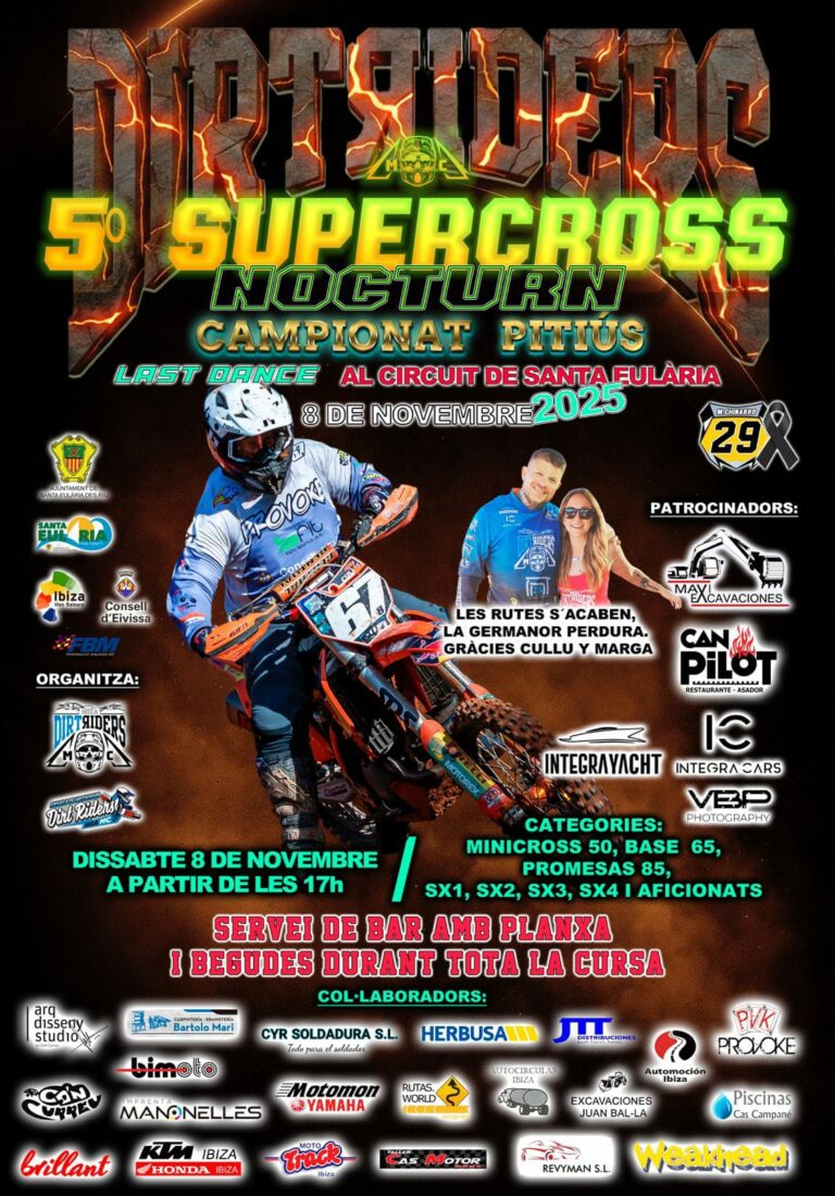 Cartel oficial del 5.º Supercross Nocturno 2025, prueba final del Campionat Pitiús de motocross, con piloto en acción y detalles del evento en el Circuit de Santa Eulària, Ibiza.