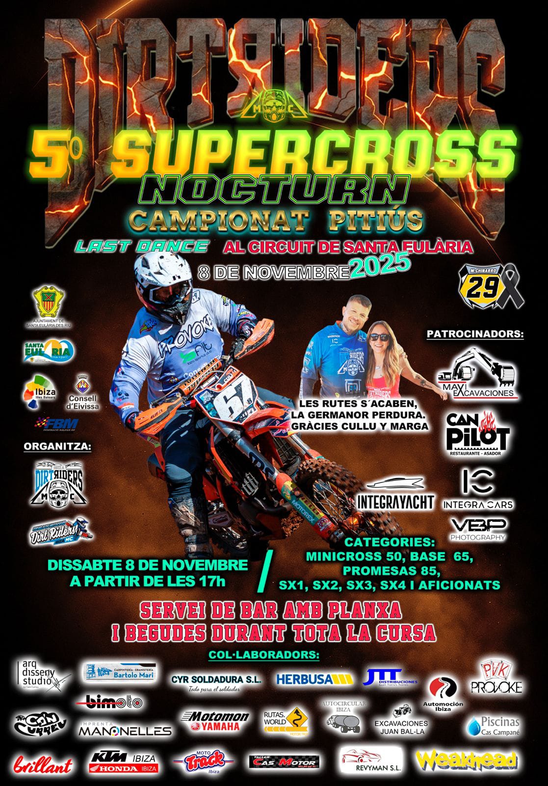 Cartel oficial del 5.º Supercross Nocturno 2025, prueba final del Campionat Pitiús de motocross, con piloto en acción y detalles del evento en el Circuit de Santa Eulària, Ibiza.
