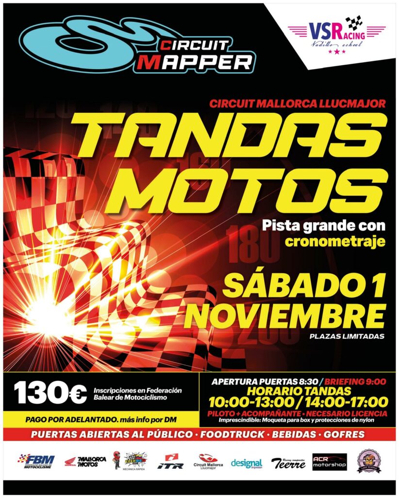 Cartel oficial de la tanda cronometrada del 1 de noviembre de 2025 en el Circuit Mallorca Llucmajor, organizada con el apoyo de la Federació Balear de Motociclisme